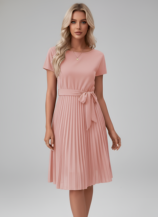Amore | Dames Midi-jurk – Sierlijke Plissé-details, Taille-accentuerende Riem & Soepelvallend Comfort Roze