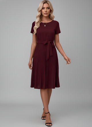 Amore | Dames Midi-jurk – Sierlijke Plissé-details, Taille-accentuerende Riem & Soepelvallend Comfort Paars