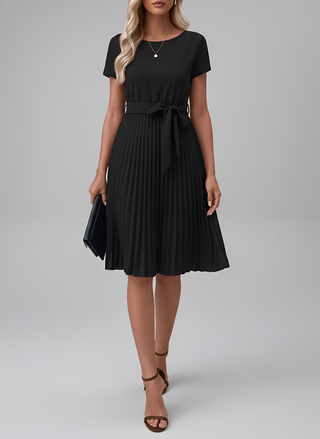 Amore | Dames Midi-jurk – Sierlijke Plissé-details, Taille-accentuerende Riem & Soepelvallend Comfort Zwart