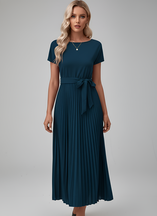 Amore | Dames Midi-jurk – Sierlijke Plissé-details, Taille-accentuerende Riem & Soepelvallend Comfort Marineblauw