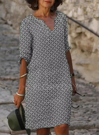 Parsha | Vintage zomerjurk – Split-halslijn, 3/4 mouwen & Klassieke midi-elegantie grijs
