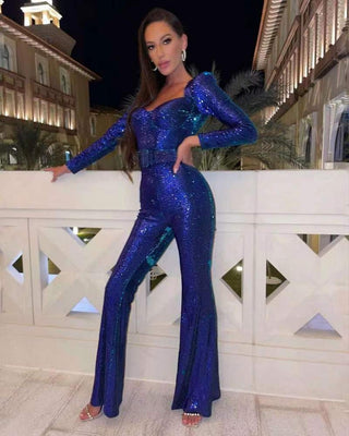 Tasana | Glitterende avondjumpsuit – Sprankelend design, Getailleerde riem & Majestueuze nieuwjaarslook blauw