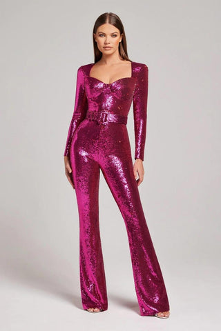 Tasana | Glitterende avondjumpsuit – Sprankelend design, Getailleerde riem & Majestueuze nieuwjaarslook roze