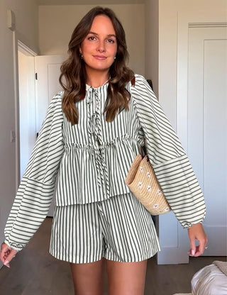 Dames Set Top en Shorts - Losse Pasvorm - Hoge Taille - Gestreept - Boho Stijl Groen