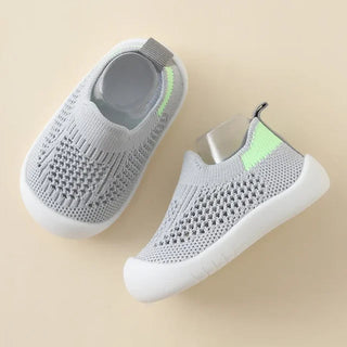 Baby Antislip Sokschoentjes - Zachte Ademende Gebreide Eerste-Stapjes Sneakers, Lichtgewicht Peuter Trainers met Grip Zool Grijs