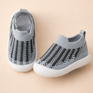 Baby Antislip Sokschoentjes - Zachte Ademende Gebreide Eerste-Stapjes Sneakers, Lichtgewicht Peuter Trainers met Grip Zool Grijs Gestreept