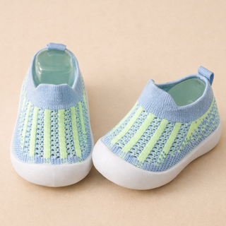 Baby Antislip Sokschoentjes - Zachte Ademende Gebreide Eerste-Stapjes Sneakers, Lichtgewicht Peuter Trainers met Grip Zool Blauw Gestreept