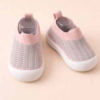 Baby Antislip Sokschoentjes - Zachte Ademende Gebreide Eerste-Stapjes Sneakers, Lichtgewicht Peuter Trainers met Grip Zool Roze Gestreept