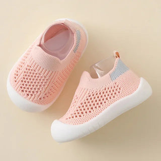 Baby Antislip Sokschoentjes - Zachte Ademende Gebreide Eerste-Stapjes Sneakers, Lichtgewicht Peuter Trainers met Grip Zool Roze
