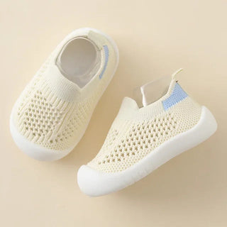 Baby Antislip Sokschoentjes - Zachte Ademende Gebreide Eerste-Stapjes Sneakers, Lichtgewicht Peuter Trainers met Grip Zool Beige