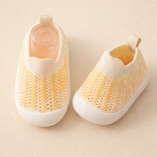 Baby Antislip Sokschoentjes - Zachte Ademende Gebreide Eerste-Stapjes Sneakers, Lichtgewicht Peuter Trainers met Grip Zool Oranje Gestreept