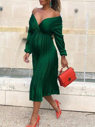 Amore | Dames Zwangerschapsjurk – Maxi-lengte, Geplooid & Off-shoulder groen