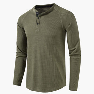 Henley-shirt met lange mouwen voor heren, knoopsluiting, natuurlijke textuur legergroen