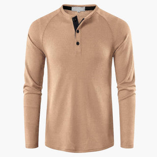 Henley-shirt met lange mouwen voor heren, knoopsluiting, natuurlijke textuur abrikoos