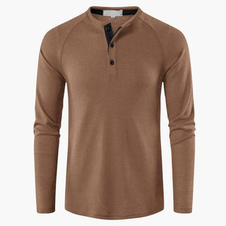 Henley-shirt met lange mouwen voor heren, knoopsluiting, natuurlijke textuur khaki