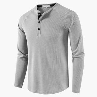 Henley-shirt met lange mouwen voor heren, knoopsluiting, natuurlijke textuur lichtgrijs