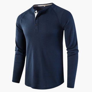 Henley-shirt met lange mouwen voor heren, knoopsluiting, natuurlijke textuur marineblauw