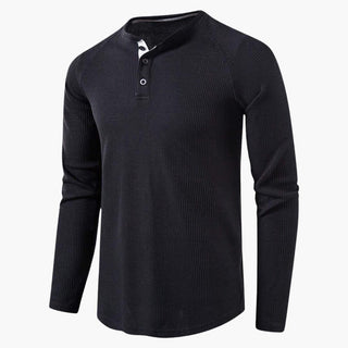 Henley-shirt met lange mouwen voor heren, knoopsluiting, natuurlijke textuur zwart