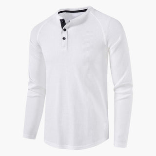 Henley-shirt met lange mouwen voor heren, knoopsluiting, natuurlijke textuur wit