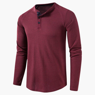 Henley-shirt met lange mouwen voor heren, knoopsluiting, natuurlijke textuur bordeauxrood
