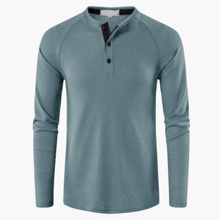 Henley-shirt met lange mouwen voor heren, knoopsluiting, natuurlijke textuur lichtblauw