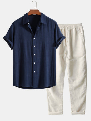 Heren zomerset: overhemd en broek met opstaande kraag, korte mouwen, lichtgewicht marineblauw