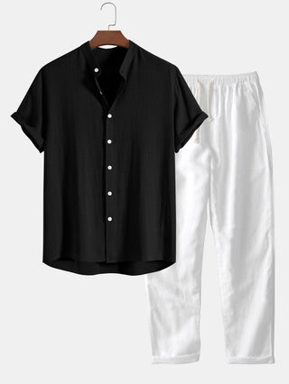 Heren zomerset: overhemd en broek met opstaande kraag, korte mouwen, lichtgewicht zwart