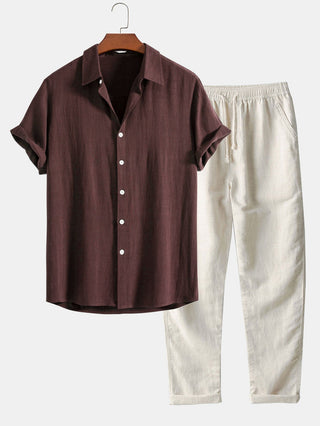 Heren zomerset: overhemd en broek met opstaande kraag, korte mouwen, lichtgewicht koffiebruin