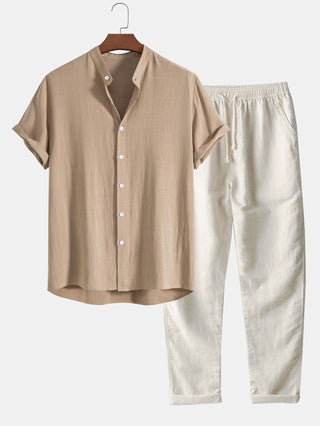 Heren zomerset: overhemd en broek met opstaande kraag, korte mouwen, lichtgewicht beige