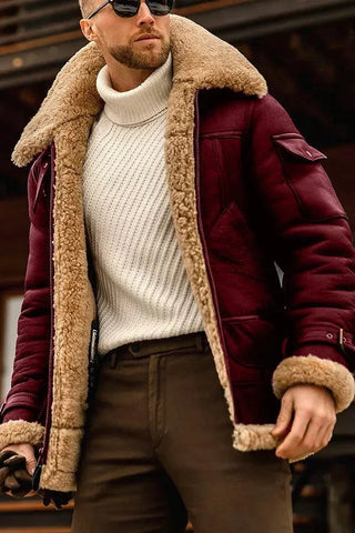 Herenjas van camelkleurig schapenvacht, vintage rood