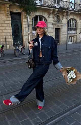 Avenari | Dames Denim Set – Trucker Jacket & High Waist Wide Leg Jeans – Relaxed Fit Donker denimblauw