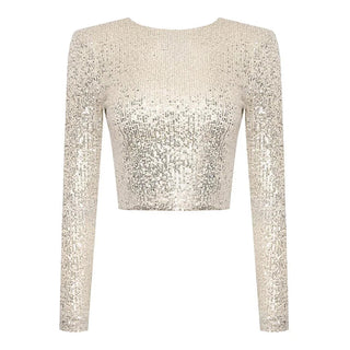Karolin | Paillettenversierd Crop Top met Lange Mouwen Beige