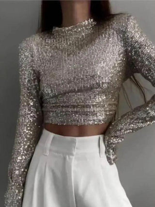 Karolin | Paillettenversierd Crop Top met Lange Mouwen