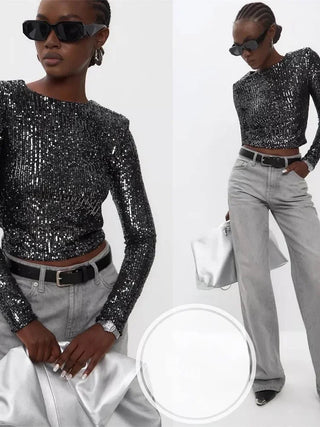 Karolin | Paillettenversierd Crop Top met Lange Mouwen