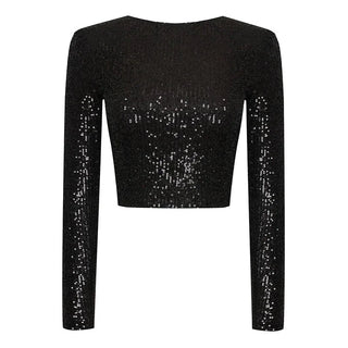 Karolin | Paillettenversierd Crop Top met Lange Mouwen Zwart