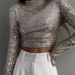 Karolin | Paillettenversierd Crop Top met Lange Mouwen Zilver