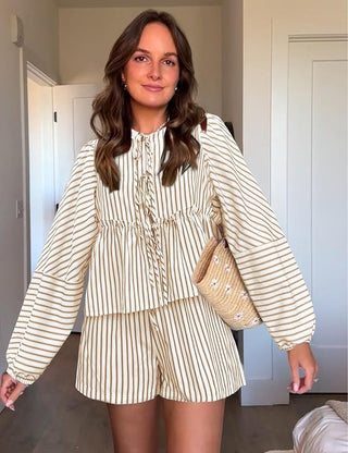Dames Set Top en Shorts - Losse Pasvorm - Hoge Taille - Gestreept - Boho Stijl Khaki