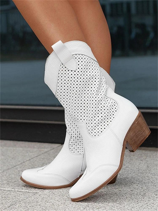 Kniehoge cowboylaarzen voor dames – middelhoge hak & geborduurde naden wit