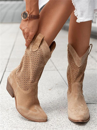 Kniehoge cowboylaarzen voor dames – middelhoge hak & geborduurde naden bruin