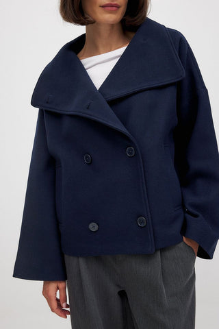 Dames Korte Wollen Jas met Dubbele Drukknoopsluiting Marineblauw