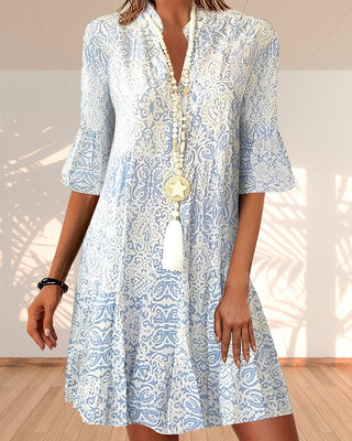 Avora | Mini-jurk met Korte Mouwen voor Dames met boho-print | Splitkraag blauw