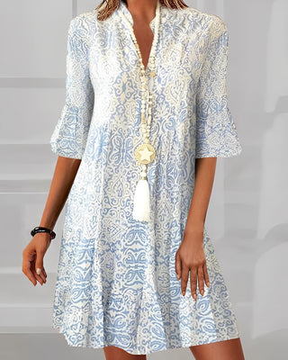Avora | Mini-jurk met Korte Mouwen voor Dames met boho-print | Splitkraag