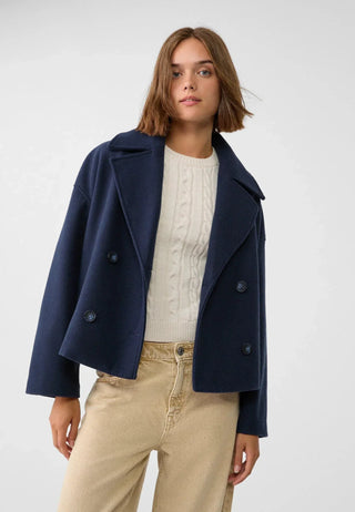 ELYSSI Korte Jas Dames met Dubbele Knoopsluiting en Omslagkraag Marineblauw