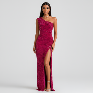 Luma | Dames Maxijurk – Exclusief One-Shoulder Design, Verleidelijke Zijsplit & Nauwsluitend Silhouet Rood