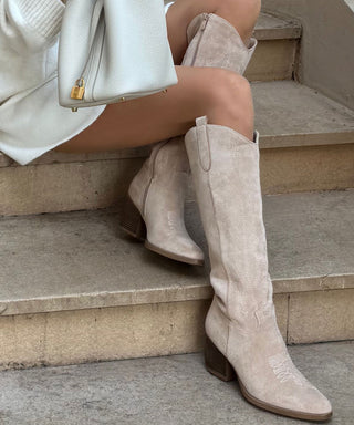 Liz | Dames Beige Cowboylaarzen, Hoge Western Leren Laarzen 40