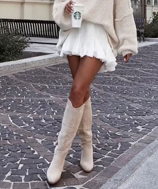 Liz | Dames Beige Cowboylaarzen, Hoge Western Leren Laarzen