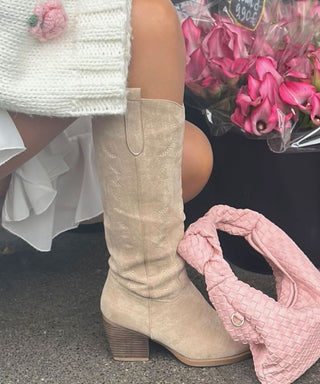 Liz | Dames Beige Cowboylaarzen, Hoge Western Leren Laarzen