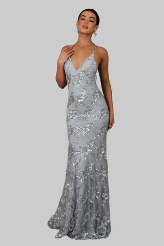 Lunara Dames Maxi-jurk met V-hals en Open Rug Grijs
