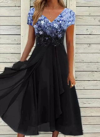 Marigon | Bruidsavondjurk voor dames met bloemenpatroon | Maxi Blauw Zwart
