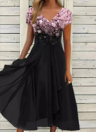 Marigon | Bruidsavondjurk voor dames met bloemenpatroon | Maxi Roze Zwart